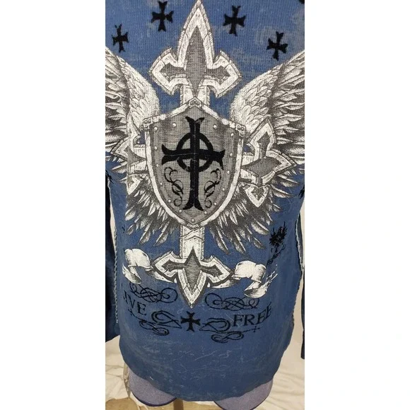 Xtreme Couture Shirt Mens Large Blue Thermal Long Sleeve Cross Wings Graphic - Picture 4 of 8